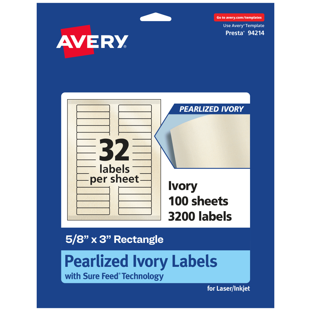 Avery Pearlized Permanent Labels With Sure Feed, 94214-PIP100, Rectangle, 5/8in x 3in, Ivory, Pack Of 3, 200 Labels MPN:94214-PIP100