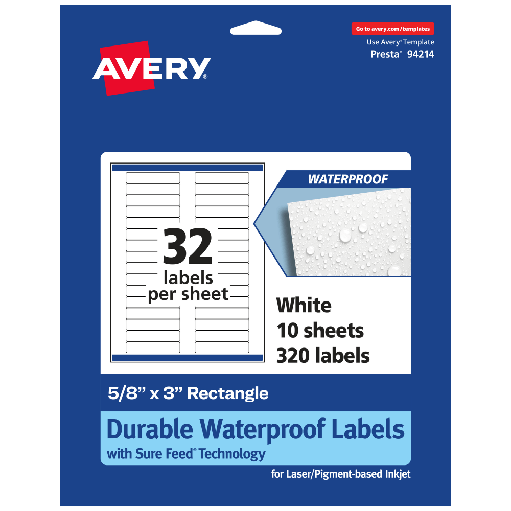 Avery Waterproof Permanent Labels With Sure Feed, 94214-WMF10, Rectangle, 5/8in x 3in, White, Pack Of 320 MPN:94214-WMF10