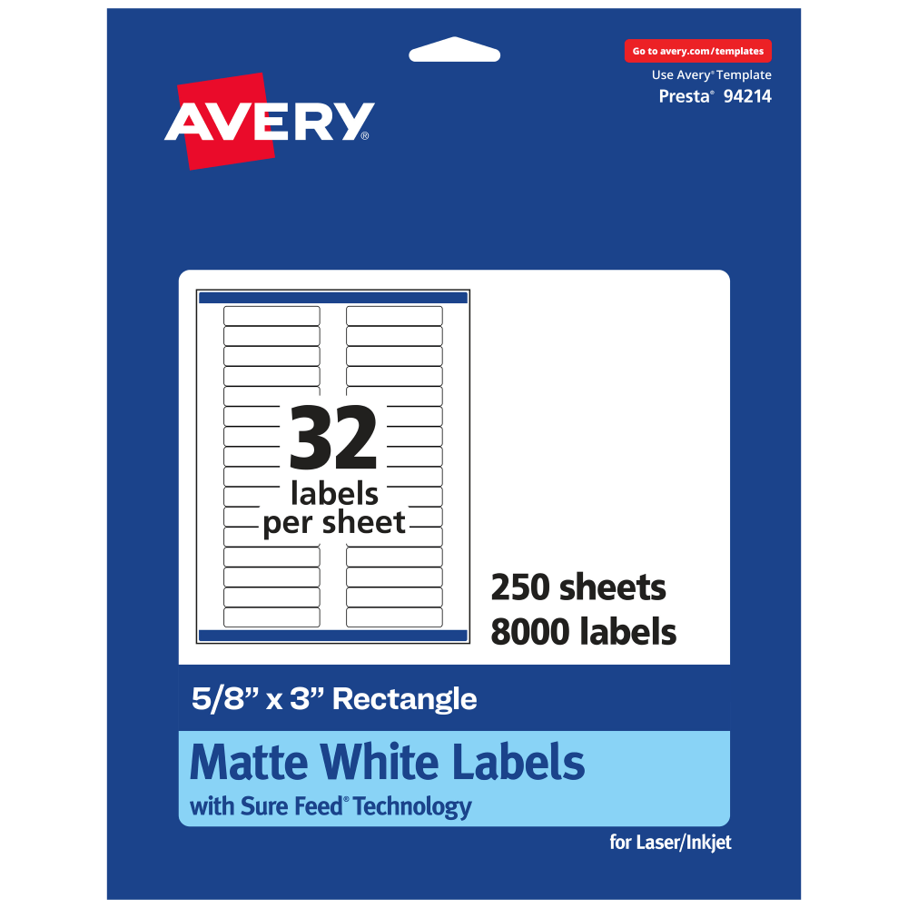 Avery Permanent Labels With Sure Feed, 94214-WMP250, Rectangle, 5/8in x 3in, White, Pack Of 8, 000 MPN:94214-WMP250