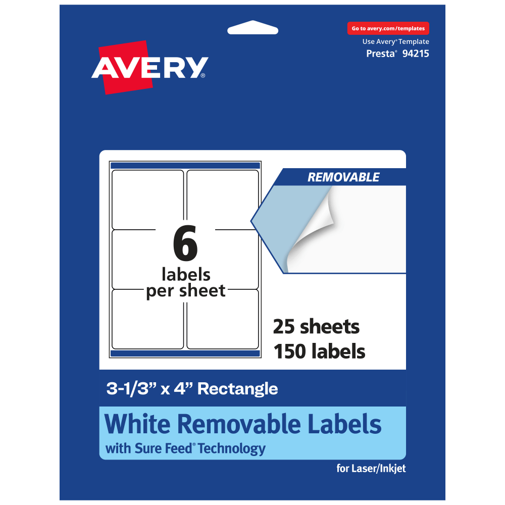 Avery Removable Labels With Sure Feed, 94215-RMP25, Rectangle, 3-1/3in x 4in, White, Pack Of 150 Labels MPN:94215-RMP25