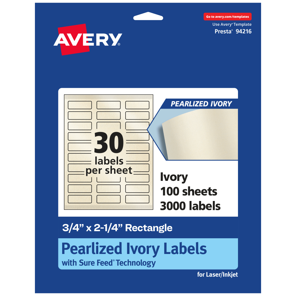 Avery Pearlized Permanent Labels With Sure Feed, 94216-PIP100, Rectangle, 3/4in x 2-1/4in, Ivory, Pack Of 3, 000 Labels MPN:94216-PIP100