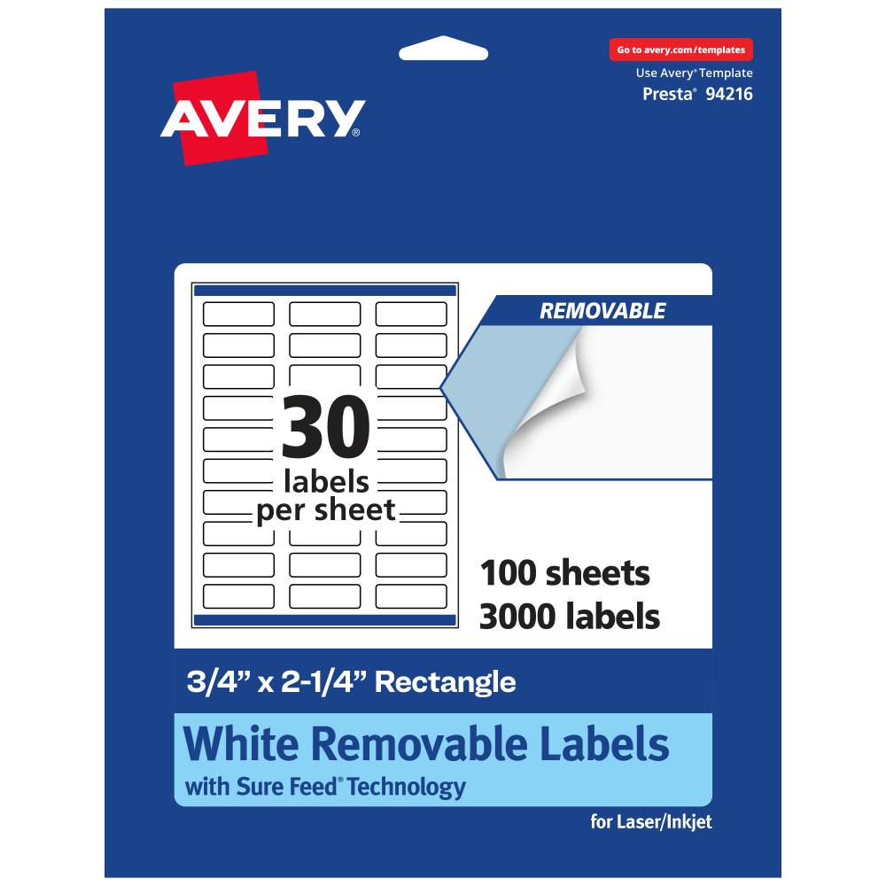 Avery Removable Labels With Sure Feed, 94216-RMP100, Rectangle, 3/4in x 2-1/4in, White, Pack Of 3, 000 Labels MPN:94216-RMP100