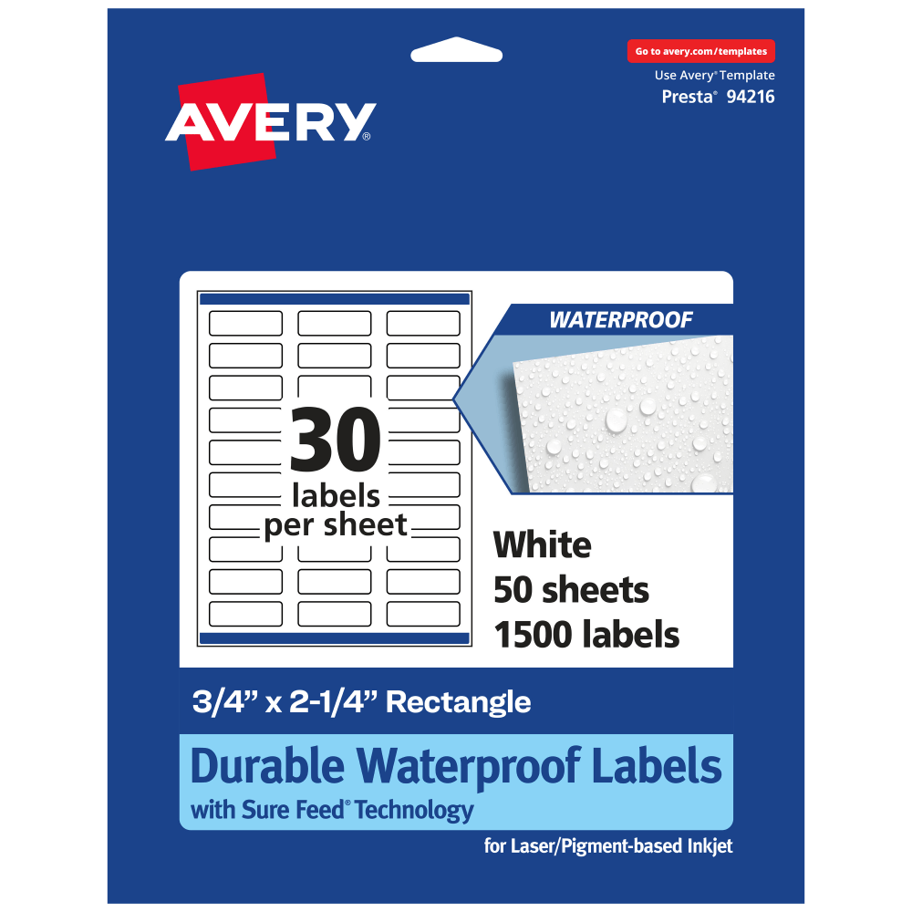 Avery Waterproof Permanent Labels With Sure Feed, 94216-WMF50, Rectangle, 3/4in x 2-1/4in, White, Pack Of 1, 500 MPN:94216-WMF50