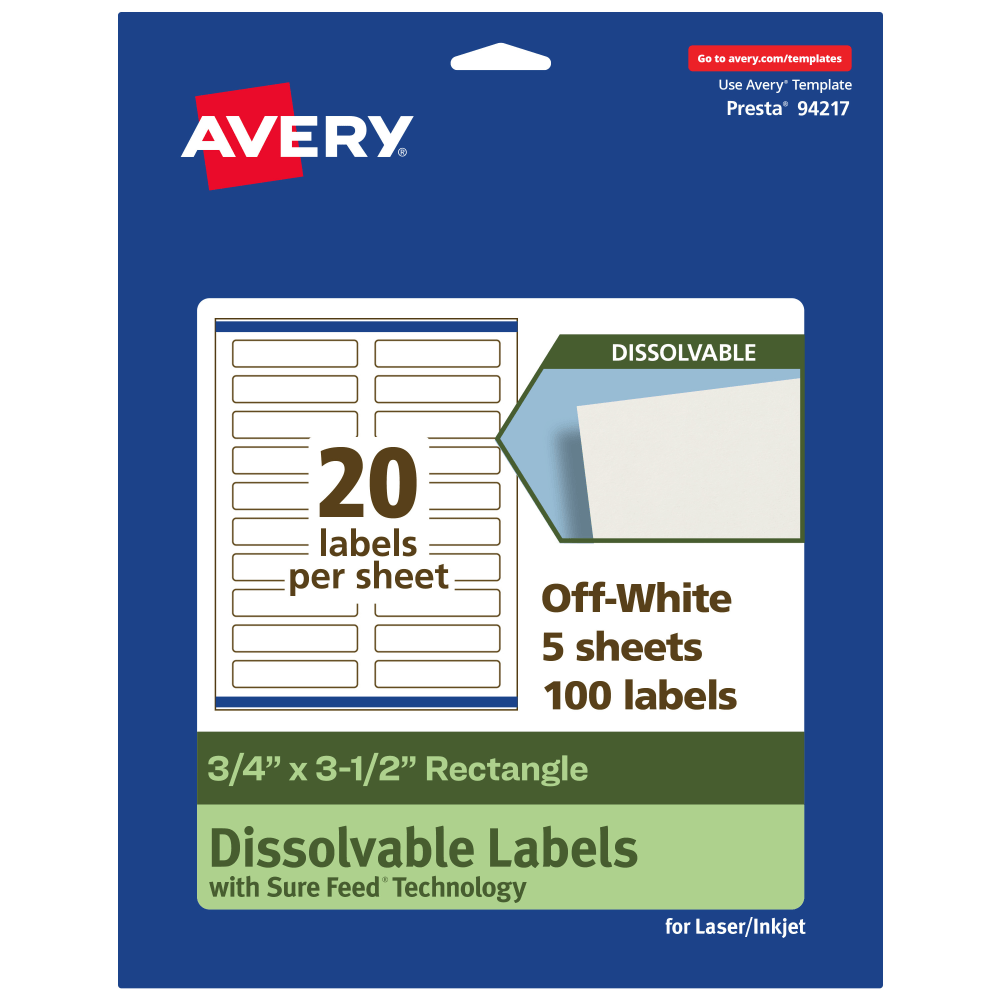 Avery Print-to-the-Edge Dissolvable Labels With Sure Feed Technology, 94217-DWMP5, Rectangle, 3/4inx3-1/2in, Matte Off-White, Pack Of 100 MPN:94217-DWMP5