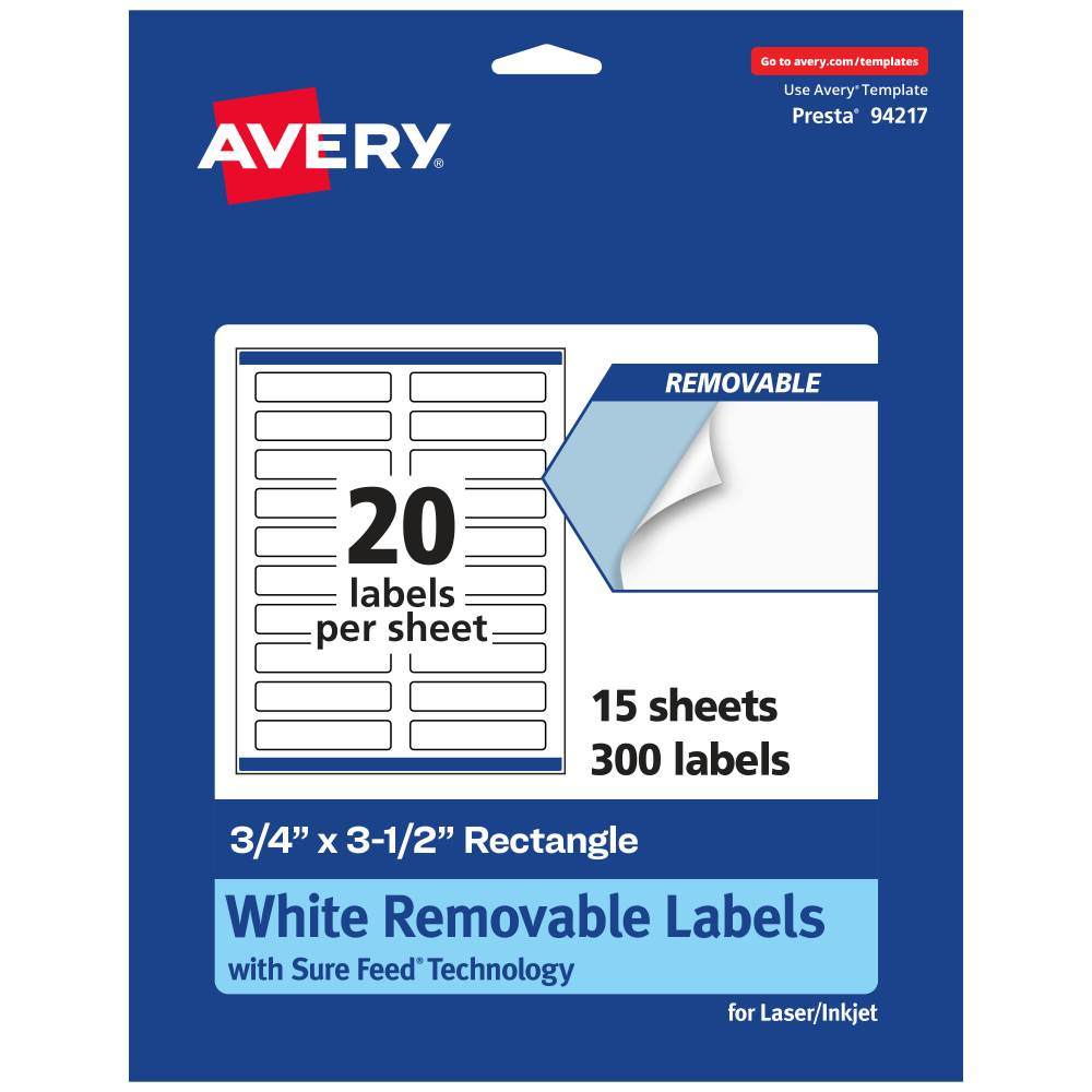 Avery Removable Labels With Sure Feed, 94217-RMP15, Rectangle, 3/4in x 3-1/2in, White, Pack Of 300 Labels MPN:94217-RMP15