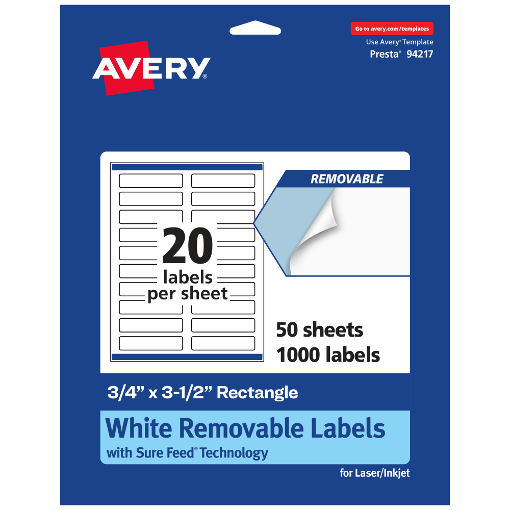 Avery Removable Labels With Sure Feed, 94217-RMP50, Rectangle, 3/4in x 3-1/2in, White, Pack Of 1, 000 Labels MPN:94217-RMP50