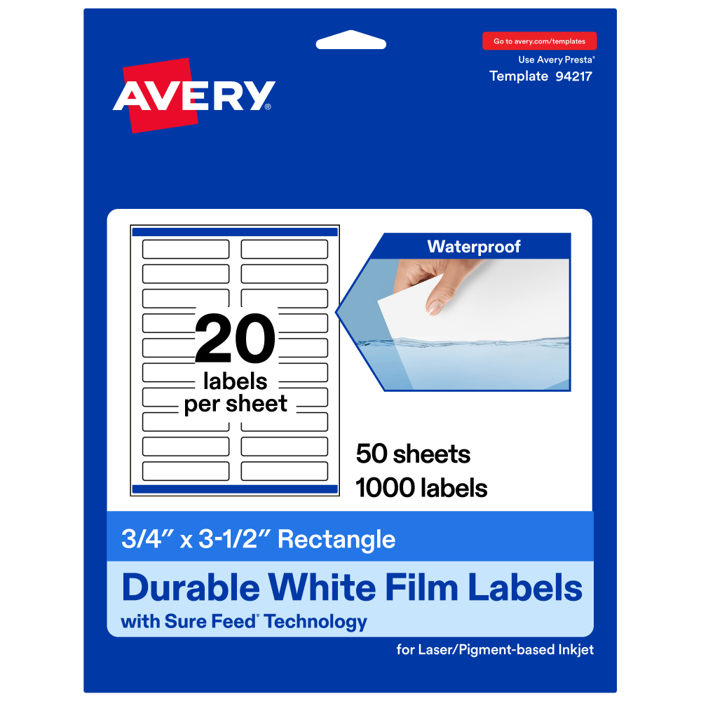 Avery Waterproof Permanent Labels With Sure Feed, 94217-WMF50, Rectangle, 3/4in x 3-1/2in, White, Pack Of 1, 000 MPN:94217-WMF50