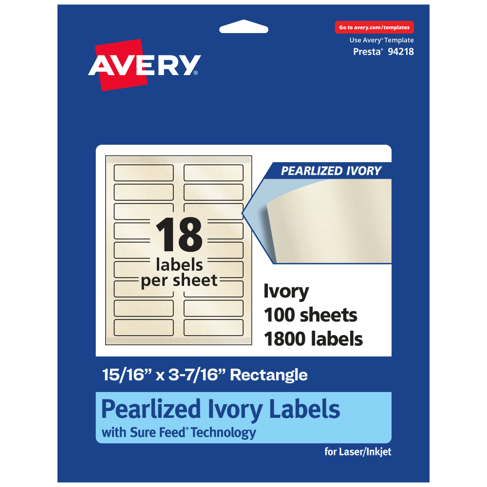 Avery Pearlized Permanent Labels With Sure Feed, 94218-PIP100, Rectangle, 15/16in x 3-7/16in, Ivory, Pack Of 1, 800 Labels MPN:94218-PIP100