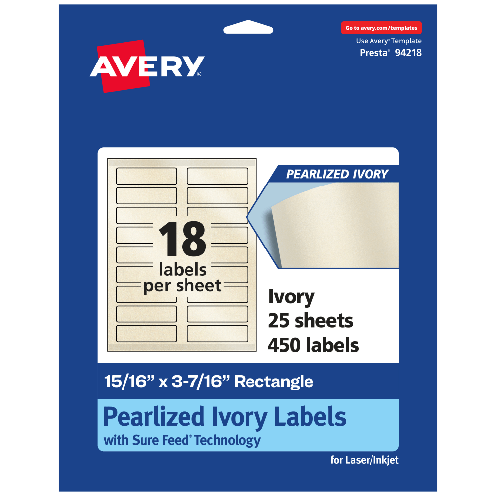 Avery Pearlized Permanent Labels With Sure Feed, 94218-PIP25, Rectangle, 15/16in x 3-7/16in, Ivory, Pack Of 450 Labels MPN:94218-PIP25