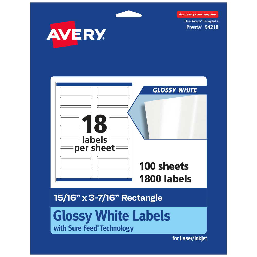 Avery Glossy Permanent Labels With Sure Feed, 94218-WGP100, Rectangle, 15/16in x 3-7/16in, White, Pack Of 1, 800 MPN:94218-WGP100