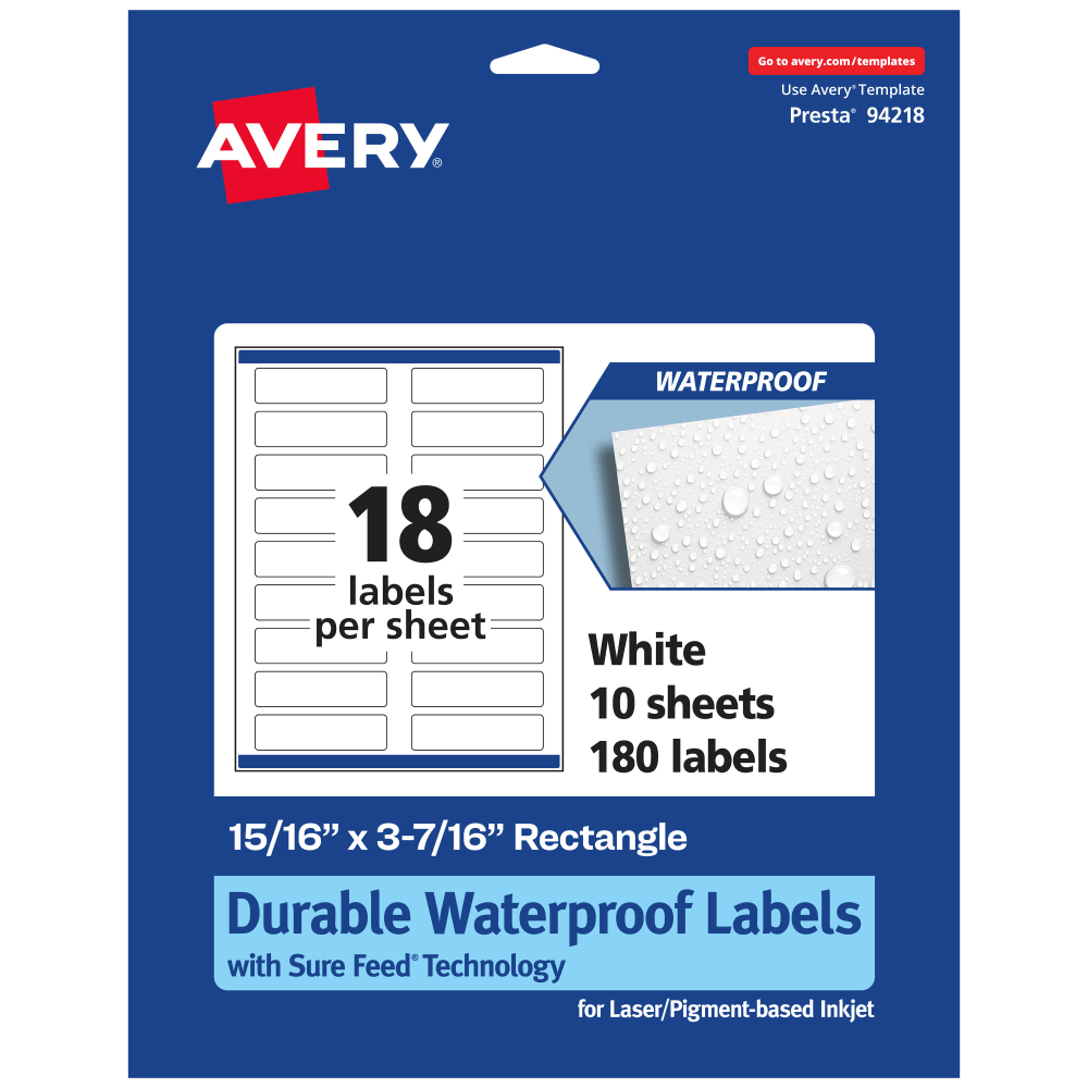 Avery Waterproof Permanent Labels With Sure Feed, 94218-WMF10, Rectangle, 15/16in x 3-7/16in, White, Pack Of 180 MPN:94218-WMF10
