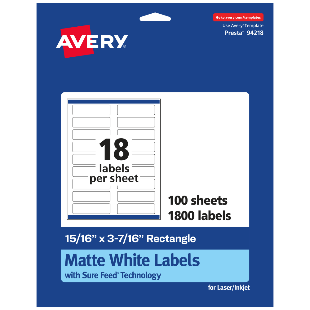 Avery Permanent Labels With Sure Feed, 94218-WMP100, Rectangle, 15/16in x 3-7/16in, White, Pack Of 1, 800 MPN:94218-WMP100