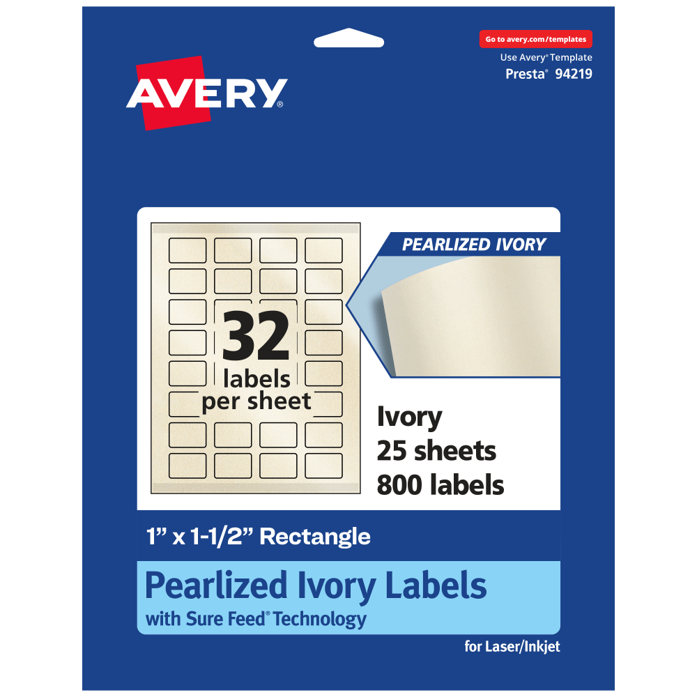 Avery Pearlized Permanent Labels With Sure Feed, 94219-PIP25, Rectangle, 1in x 1-1/2in, Ivory, Pack Of 800 Labels MPN:94219-PIP25