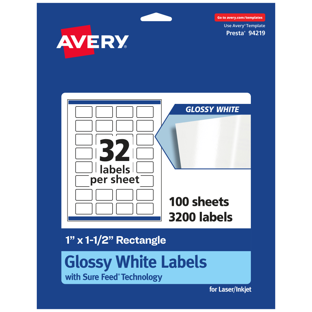 Avery Glossy Permanent Labels With Sure Feed, 94219-WGP100, Rectangle, 1in x 1-1/2in, White, Pack Of 3, 200 MPN:94219-WGP100