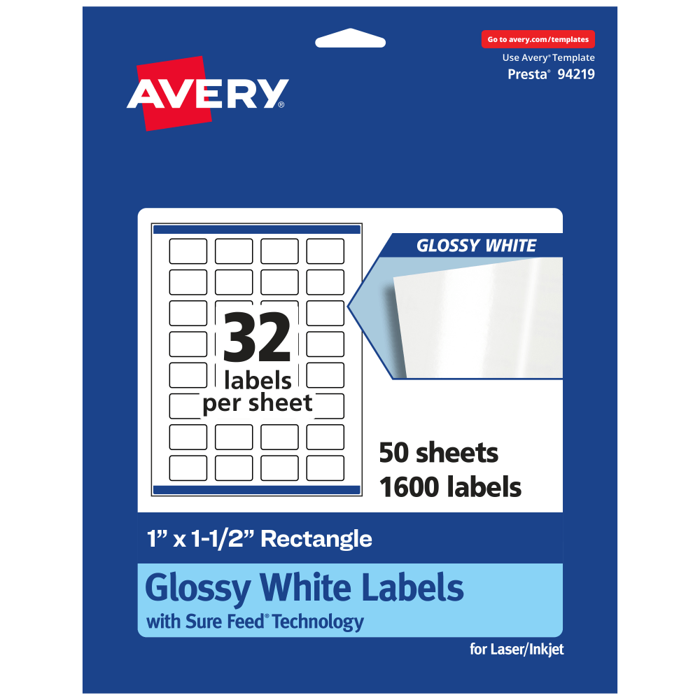 Avery Glossy Permanent Labels With Sure Feed, 94219-WGP50, Rectangle, 1in x 1-1/2in, White, Pack Of 1, 600 MPN:94219-WGP50