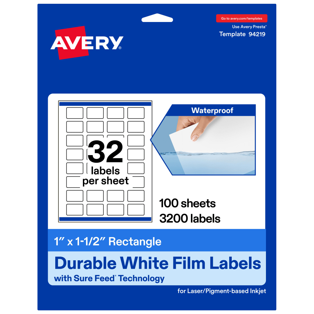 Avery Waterproof Permanent Labels With Sure Feed, 94219-WMF100, Rectangle, 1in x 1-1/2in, White, Pack Of 3, 200 MPN:94219-WMF100