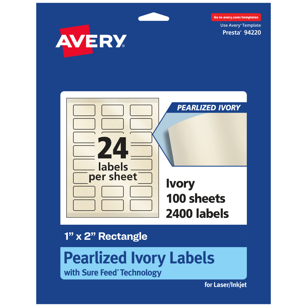 Avery Pearlized Permanent Labels With Sure Feed, 94220-PIP100, Rectangle, 1in x 2in, Ivory, Pack Of 2, 400 Labels MPN:94220-PIP100