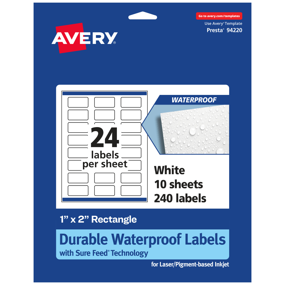 Avery Waterproof Permanent Labels With Sure Feed, 94220-WMF10, Rectangle, 1in x 2in, White, Pack Of 240 MPN:94220-WMF10