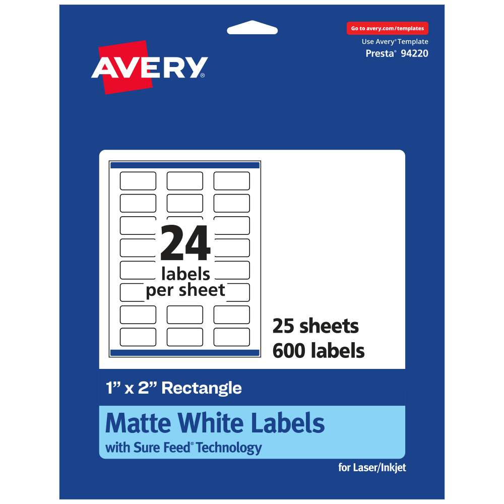 Avery Permanent Labels With Sure Feed, 94220-WMP25, Rectangle, 1in x 2in, White, Pack Of 600 MPN:94220-WMP25