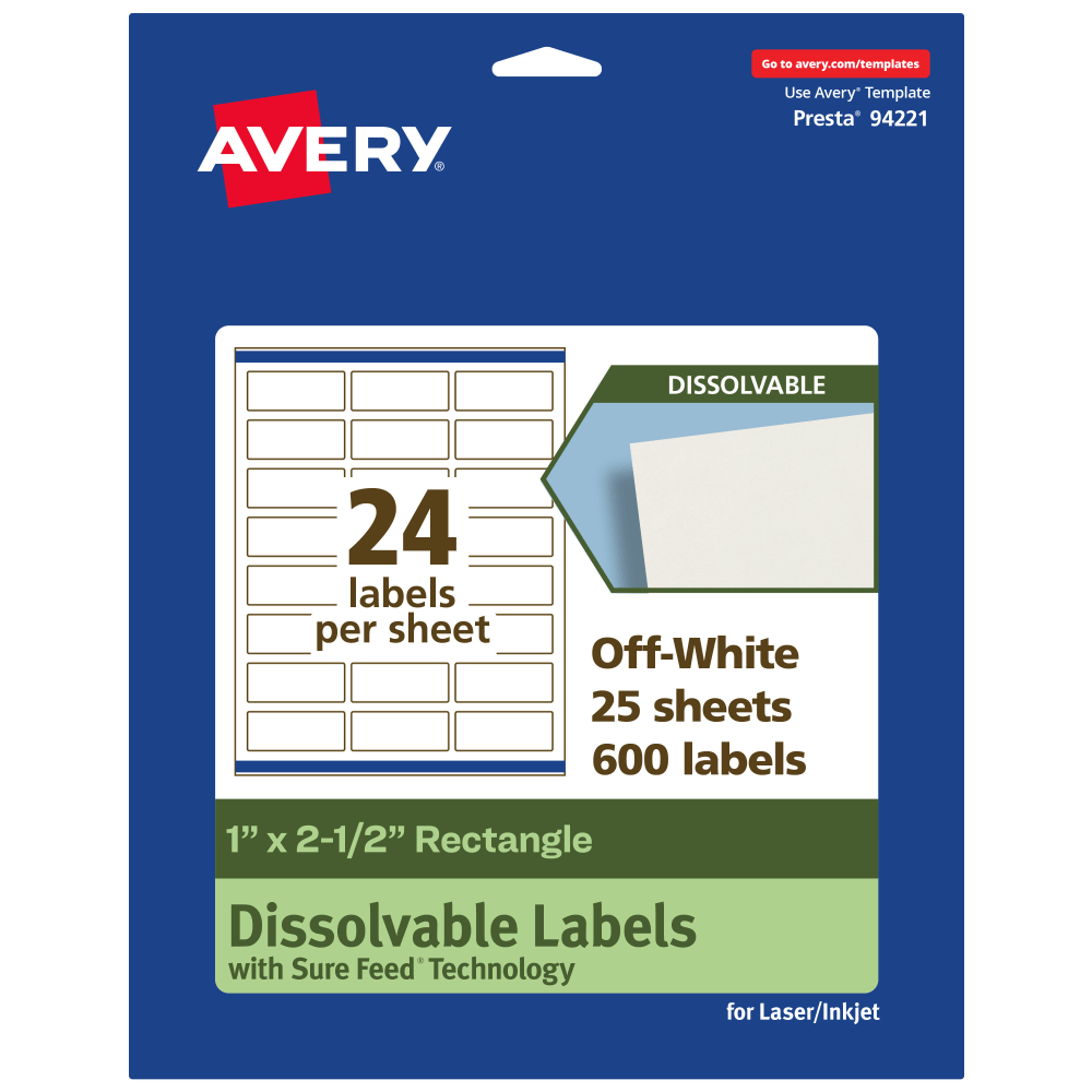 Avery Dissolvable Labels With Sure Feed Technology, 94221-DWMP25, Rectangle, 1inx2-1/2in, Matte Off-White, Pack Of 600 MPN:94221-DWMP25