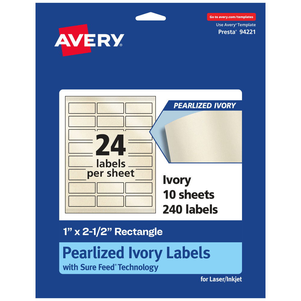 Avery Pearlized Permanent Labels With Sure Feed, 94221-PIP10, Rectangle, 1in x 2-1/2in, Ivory, Pack Of 240 MPN:94221-PIP10
