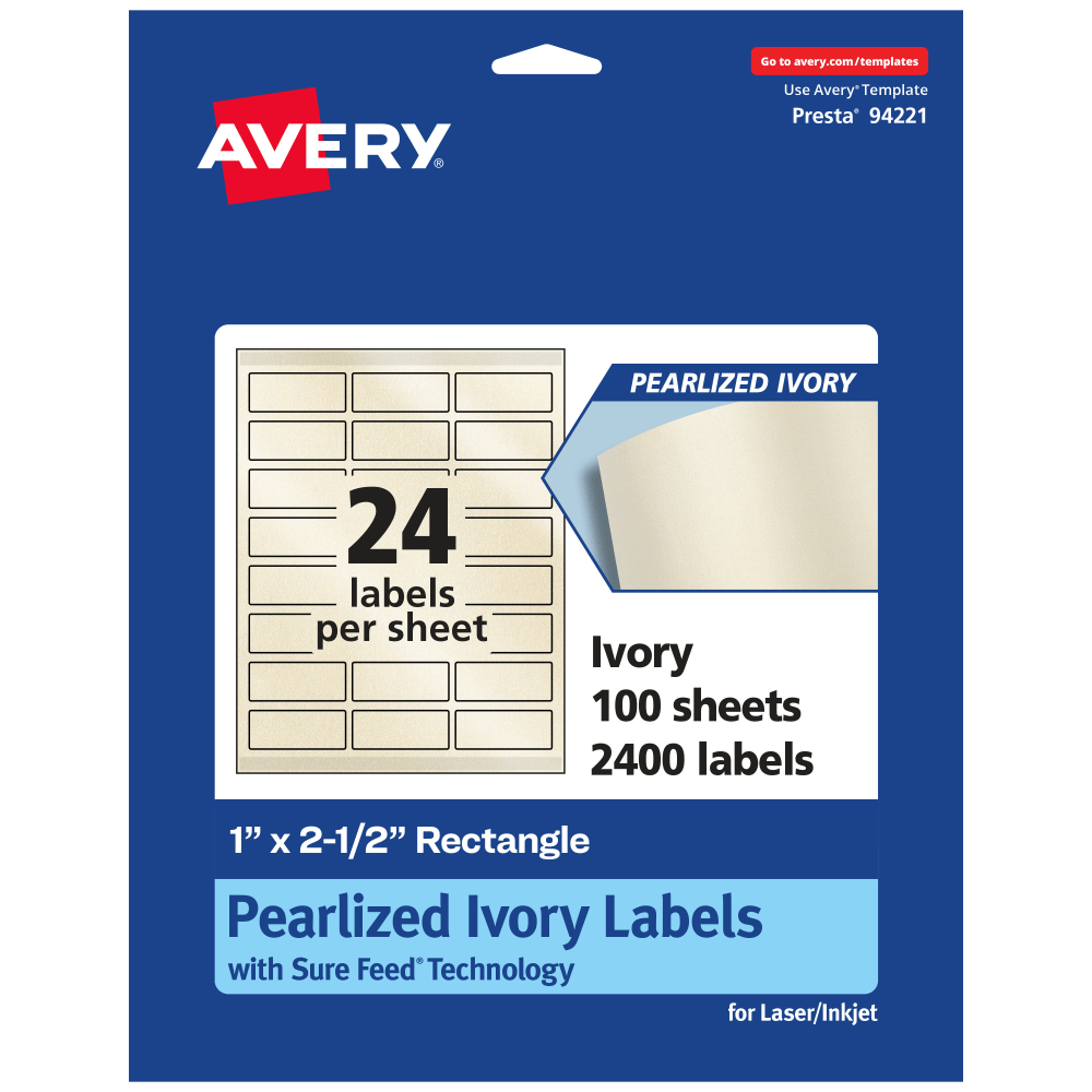 Avery Pearlized Permanent Labels With Sure Feed, 94221-PIP100, Rectangle, 1in x 2-1/2in, Ivory, Pack Of 2, 400 Labels MPN:94221-PIP100