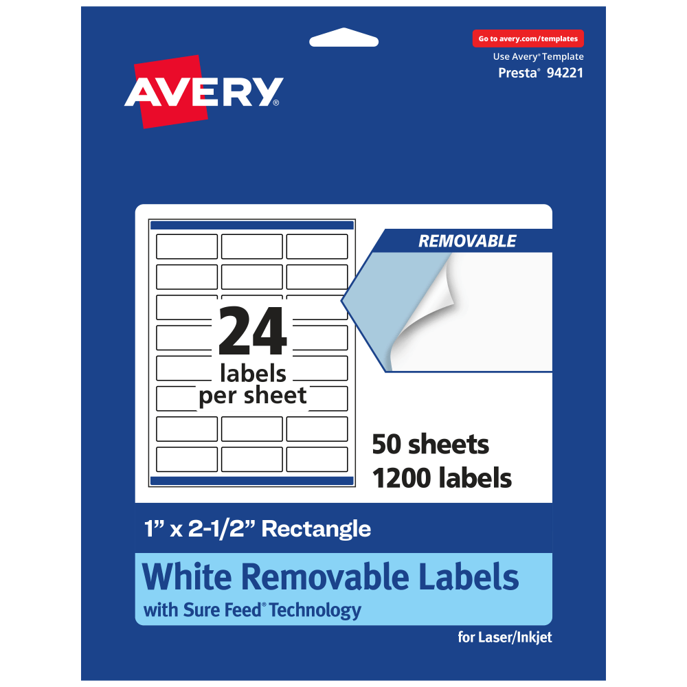 Avery Removable Labels With Sure Feed, 94221-RMP50, Rectangle, 1in x 2-1/2in, White, Pack Of 1, 200 Labels MPN:94221-RMP50