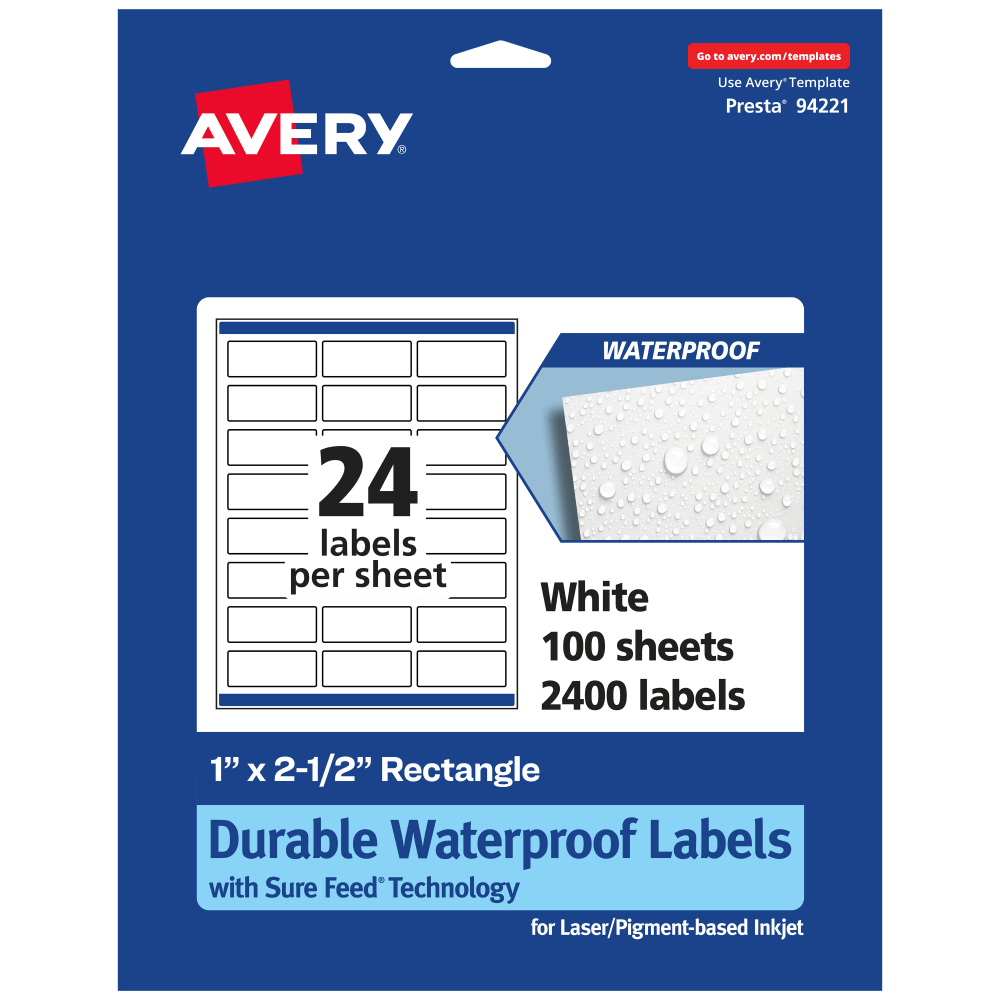 Avery Waterproof Permanent Labels With Sure Feed, 94221-WMF100, Rectangle, 1in x 2-1/2in, White, Pack Of 2, 400 MPN:94221-WMF100