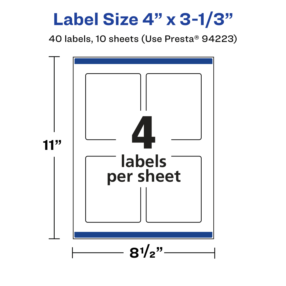 Avery Glossy Permanent Labels With Sure Feed, 94223-CGF10, Rectangle, 4in x 3-1/3in, Clear, Pack Of 40 MPN:94223-CGF10