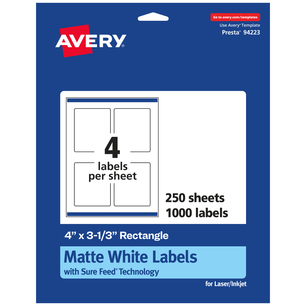Avery Permanent Labels With Sure Feed, 94223-WMP250, Rectangle, 4in x 3-1/3in, White, Pack Of 1, 000 MPN:94223-WMP250