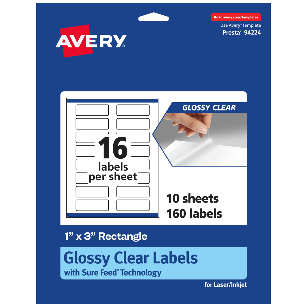 Avery Glossy Permanent Labels With Sure Feed, 94224-CGF10, Rectangle, 1in x 3in, Clear, Pack Of 160 MPN:94224-CGF10