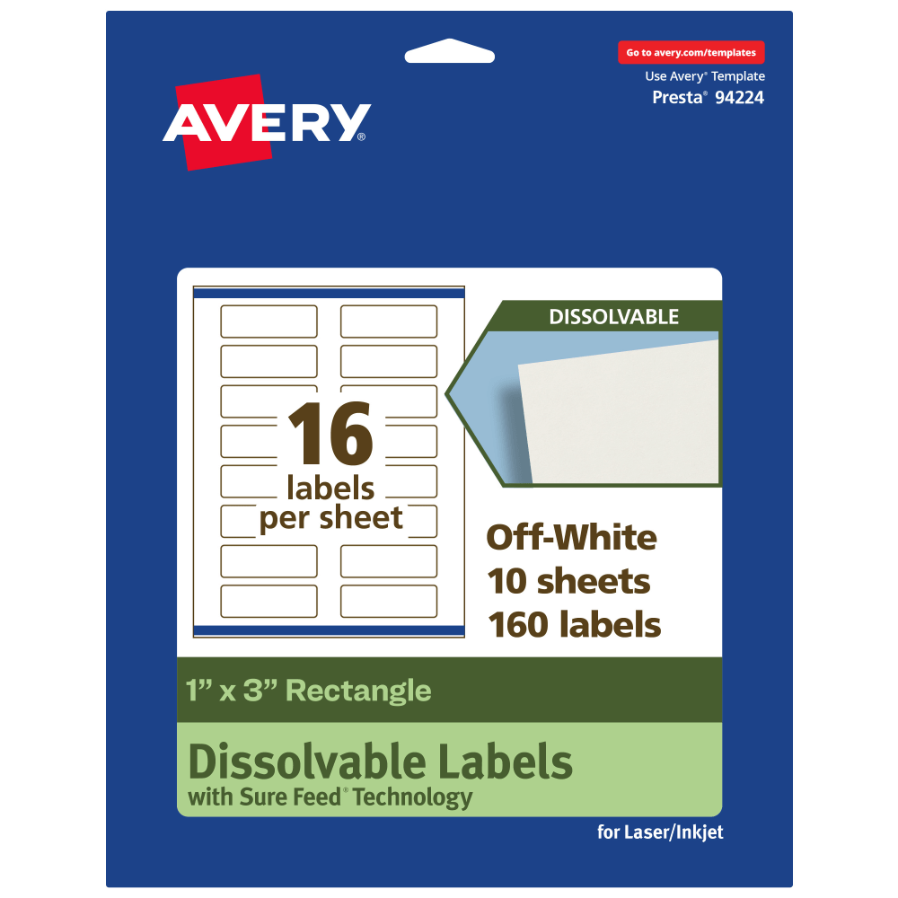 Avery Print-to-the-Edge Dissolvable Labels With Sure Feed Technology, 94224-DWMP10, Rectangle, 1inx3in, Matte Off-White, Pack Of 160 MPN:94224-DWMP10