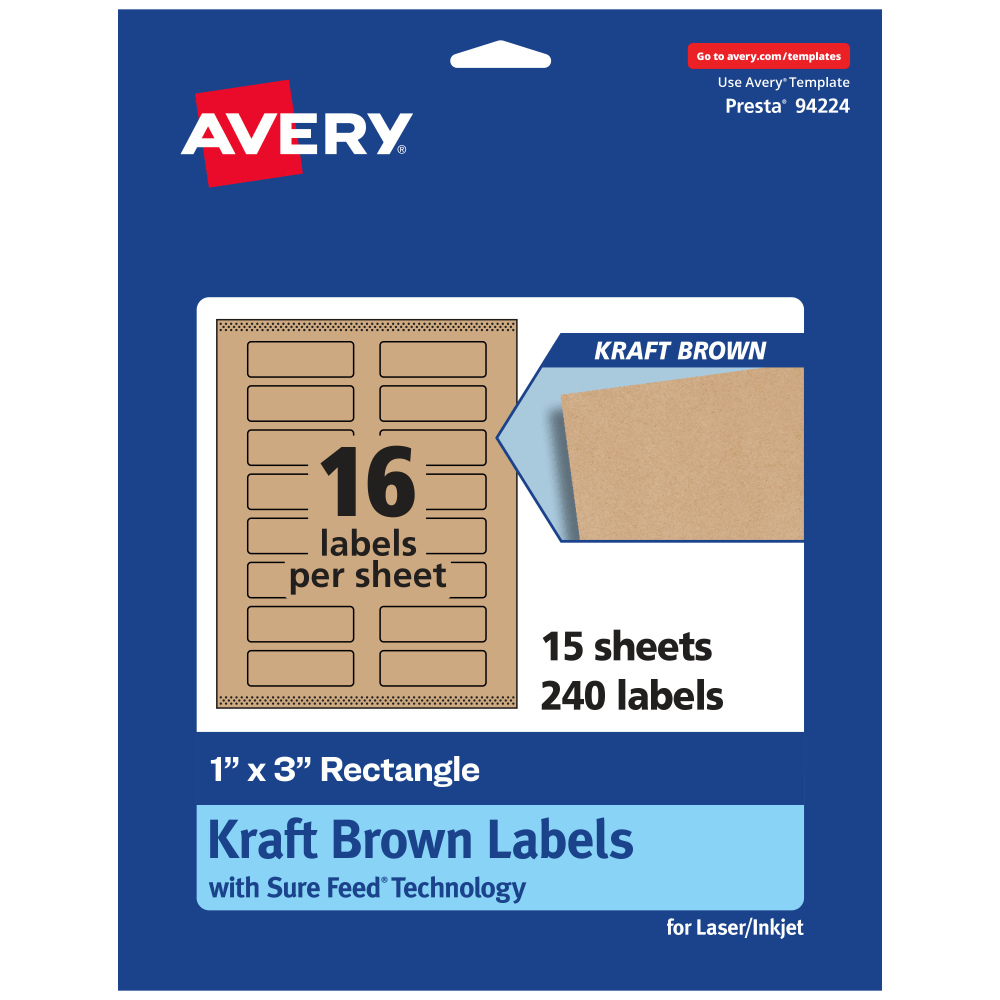 Avery Kraft Permanent Labels With Sure Feed, 94224-KMP15, Rectangle, 1in x 3in, Brown, Pack Of 240 MPN:94224-KMP15