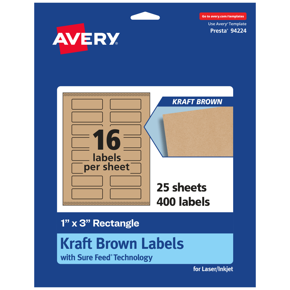 Avery Kraft Permanent Labels With Sure Feed, 94224-KMP25, Rectangle, 1in x 3in, Brown, Pack Of 400 MPN:94224-KMP25