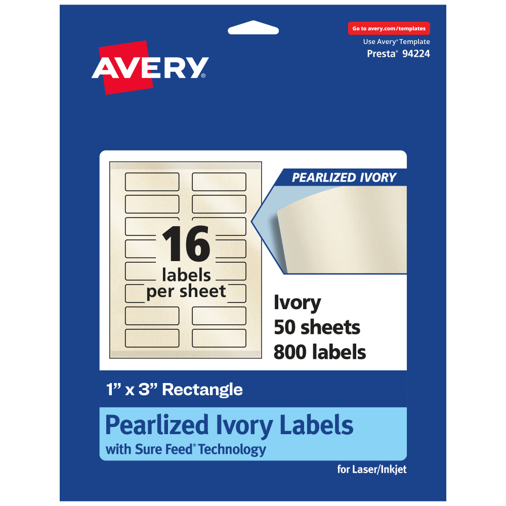 Avery Pearlized Permanent Labels With Sure Feed, 94224-PIP50, Rectangle, 1in x 3in, Ivory, Pack Of 800 Labels MPN:94224-PIP50