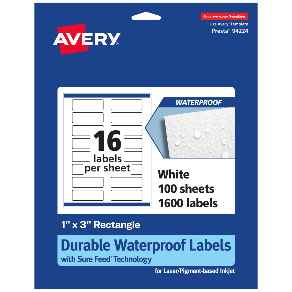 Avery Waterproof Permanent Labels With Sure Feed, 94224-WMF100, Rectangle, 1in x 3in, White, Pack Of 1, 600 MPN:94224-WMF100