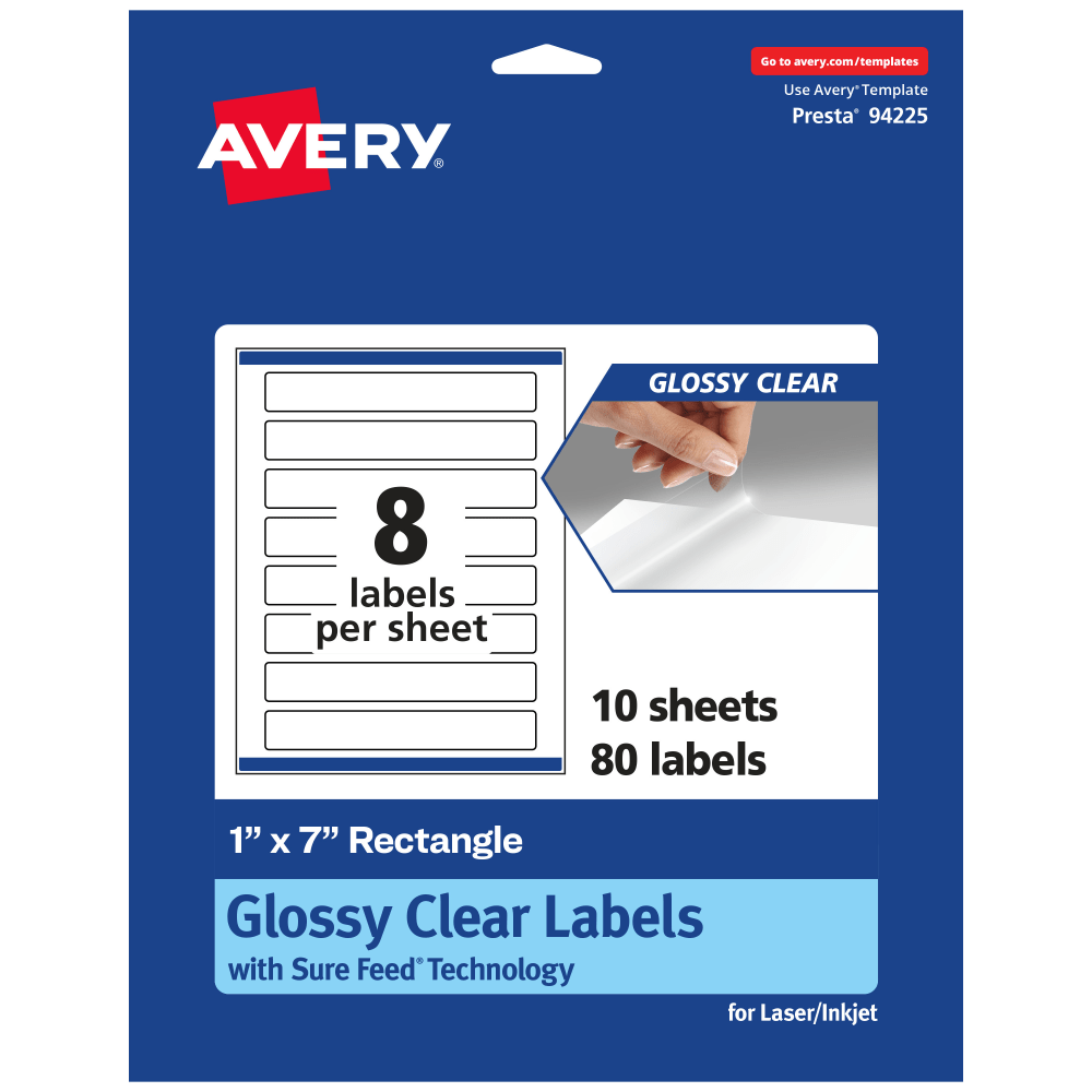 Avery Glossy Permanent Labels With Sure Feed, 94225-CGF10, Rectangle, 1in x 7in, Clear, Pack Of 80 MPN:94225-CGF10