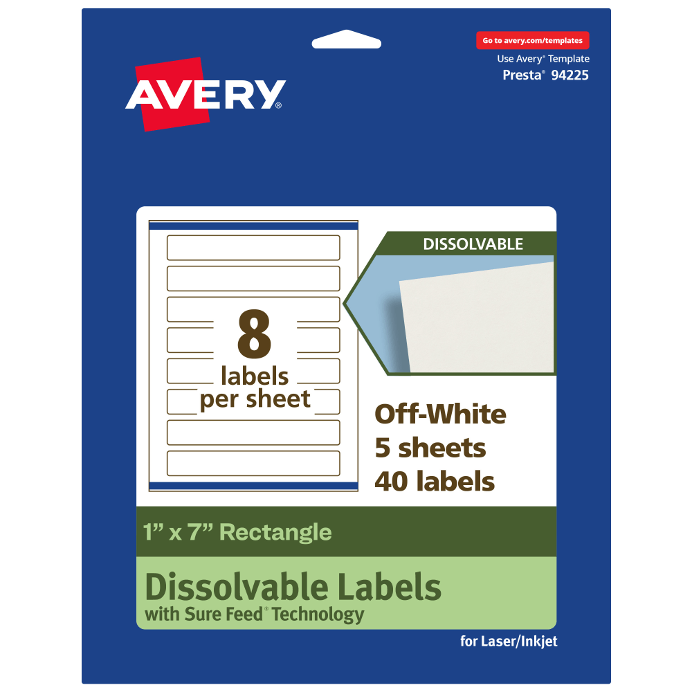 Avery Print-to-the-Edge Dissolvable Labels With Sure Feed Technology, 94225-DWMP5, Rectangle, 1inx7in, Matte Off-White, Pack Of 40 MPN:94225-DWMP5