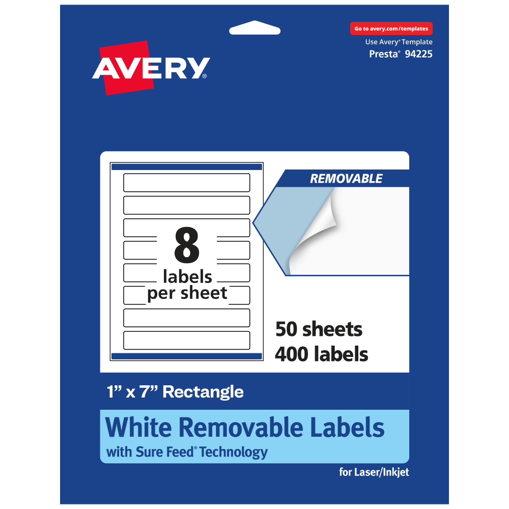 Avery Removable Labels With Sure Feed, 94225-RMP50, Rectangle, 1in x 7in, White, Pack Of 400 Labels MPN:94225-RMP50