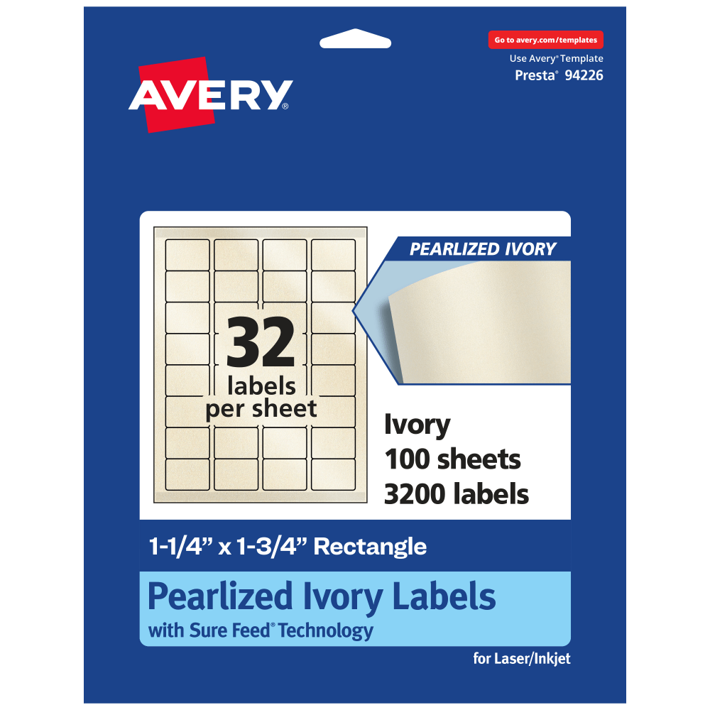 Avery Pearlized Permanent Labels With Sure Feed, 94226-PIP100, Rectangle, 1-1/4in x 1-3/4in, Ivory, Pack Of 3, 200 Labels MPN:94226-PIP100