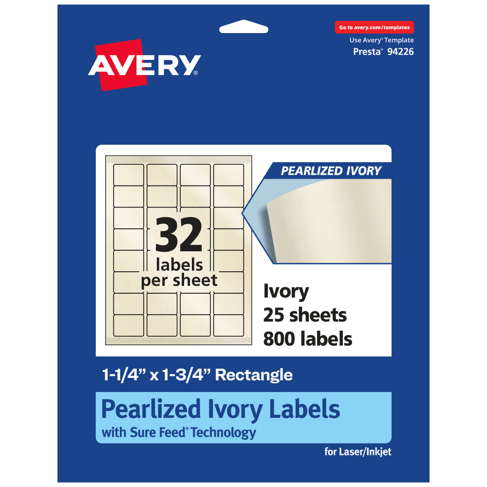 Avery Pearlized Permanent Labels With Sure Feed, 94226-PIP25, Rectangle, 1-1/4in x 1-3/4in, Ivory, Pack Of 800 Labels MPN:94226-PIP25
