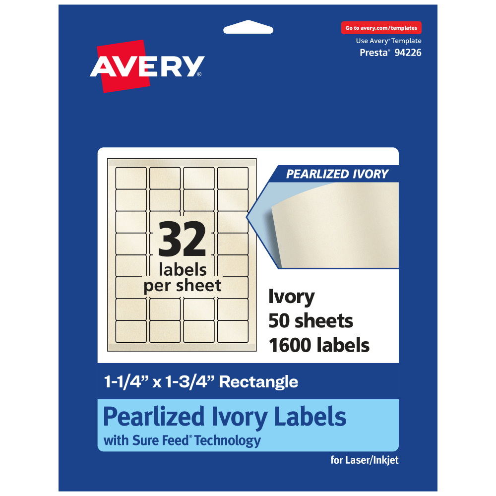 Avery Pearlized Permanent Labels With Sure Feed, 94226-PIP50, Rectangle, 1-1/4in x 1-3/4in, Ivory, Pack Of 1, 600 Labels MPN:94226-PIP50