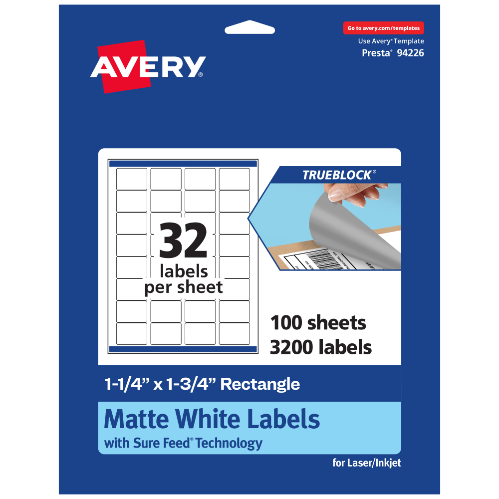 Avery TrueBlock Labels With Sure Feed, 94226-TWMP100, Rectangle, 1-1/4in x 1-3/4in, Matte White, Pack Of 3200 MPN:94226-TWMP100
