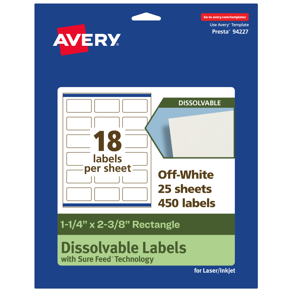 Avery Print-to-the-Edge Dissolvable Labels With Sure Feed Technology, 94227-DWMP25, Rectangle, 1-1/4inx2-3/8in, Matte Off-White, Pack Of 450 MPN:94227-DWMP25