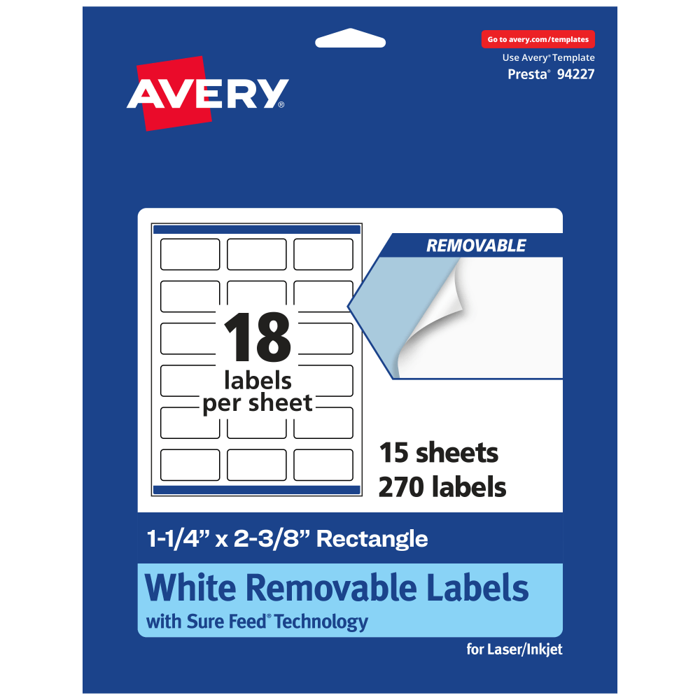 Avery Removable Labels With Sure Feed, 94227-RMP15, Rectangle, 1-1/4in x 2-3/8in, White, Pack Of 270 Labels MPN:94227-RMP15