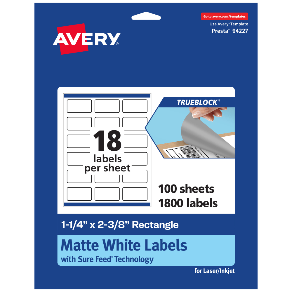 Avery Print-To-The-Edge TrueBlock Labels With Sure Feed, 94227-TWMP100, Rectangle, 1-1/4in x 2-3/8in, Matte White, Pack Of 1800 MPN:94227-TWMP100
