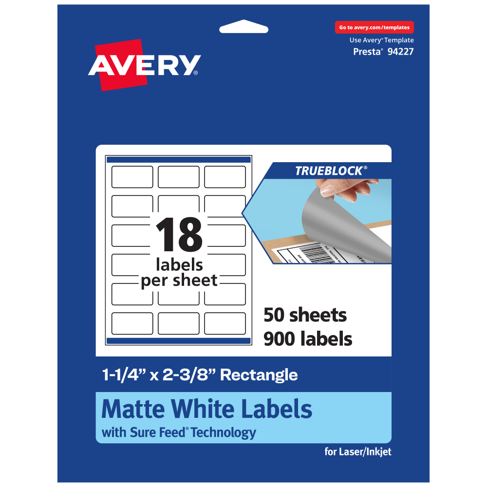 Avery Print-To-The-Edge TrueBlock Labels With Sure Feed, 94227-TWMP50, Rectangle, 1-1/4in x 2-3/8in, Matte White, Pack Of 900 MPN:94227-TWMP50