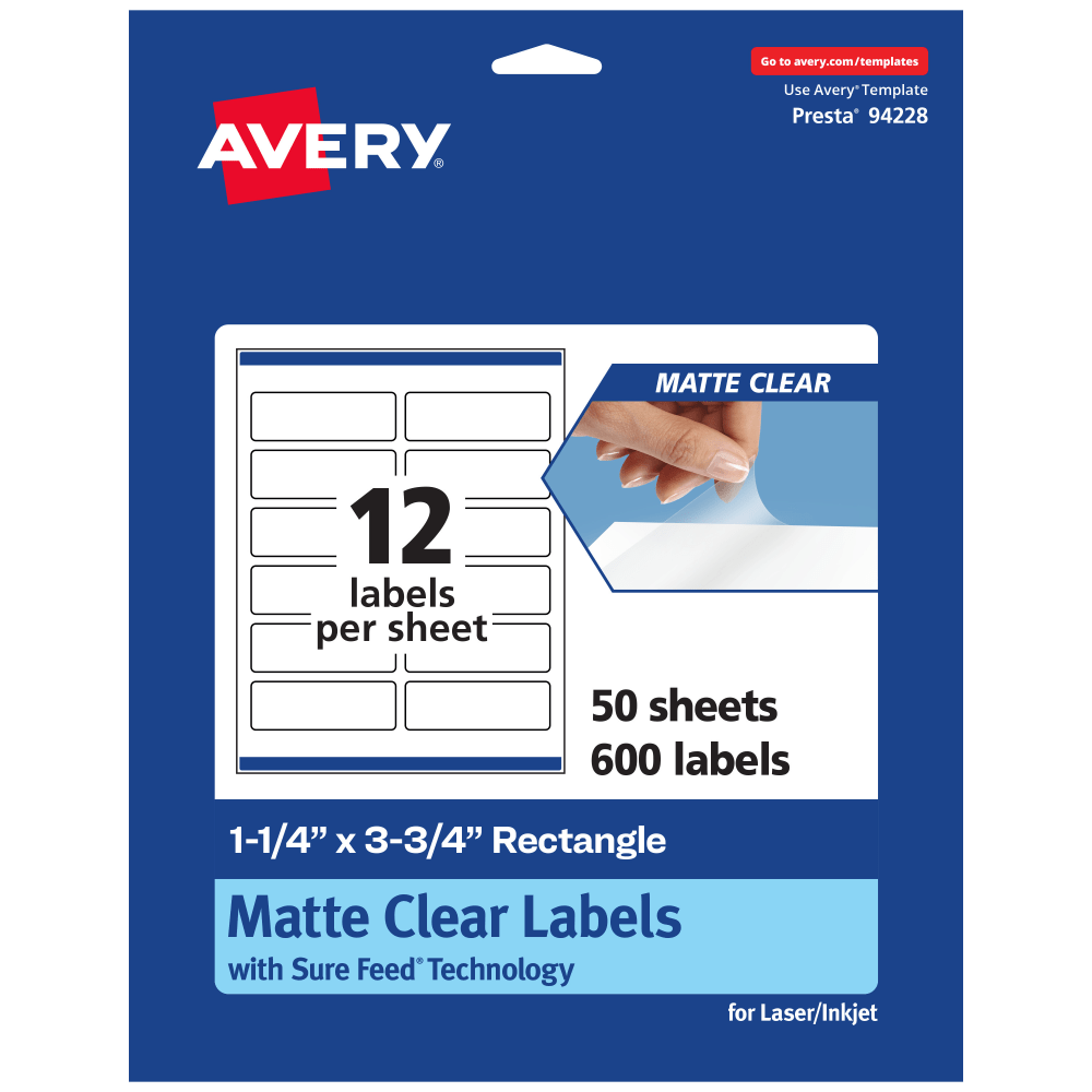 Avery Permanent Labels With Sure Feed, 94228-CMF50, Rectangle, 1-1/4in x 3-3/4in, Matte Clear, Pack Of 600 MPN:94228-CMF50