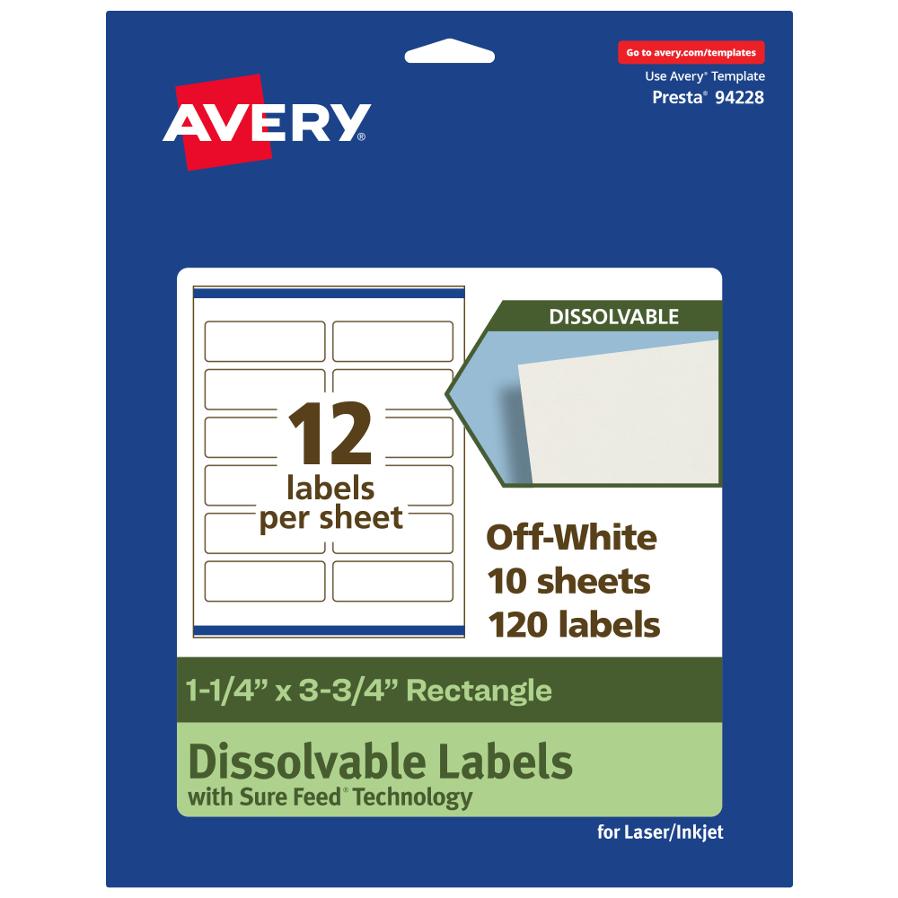 Avery Print-to-the-Edge Dissolvable Labels With Sure Feed Technology, 94228-DWMP10, Rectangle, 1-1/4inx3-3/4in, Matte Off-White, Pack Of 120 MPN:94228-DWMP10