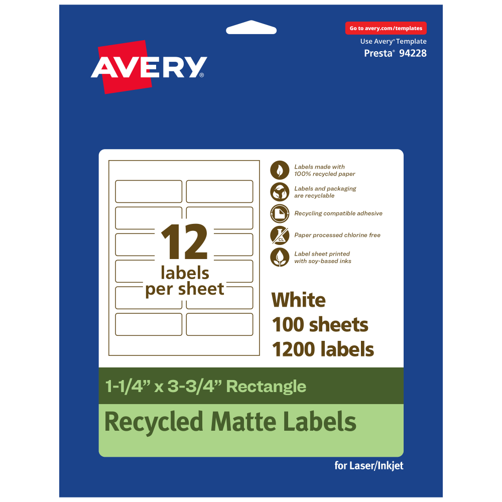 Avery Recycled Paper Labels, 94228-EWMP100, Rectangle, 1-1/4in x 3-3/4in, White, Pack Of 1200 MPN:94228-EWMP100